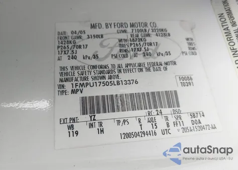 2005 Ford Expedition Eddie Bauer/King Ranch z USA, uszkodzony, nr VIN 1FMPU17505LB13376